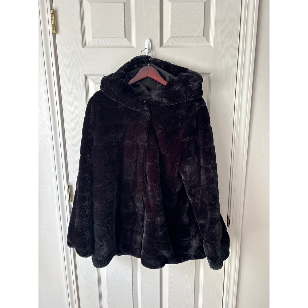 Laundry Shelli Segal Faux Fur Jacket Womens XL Black Hooded Glam Winter Coat